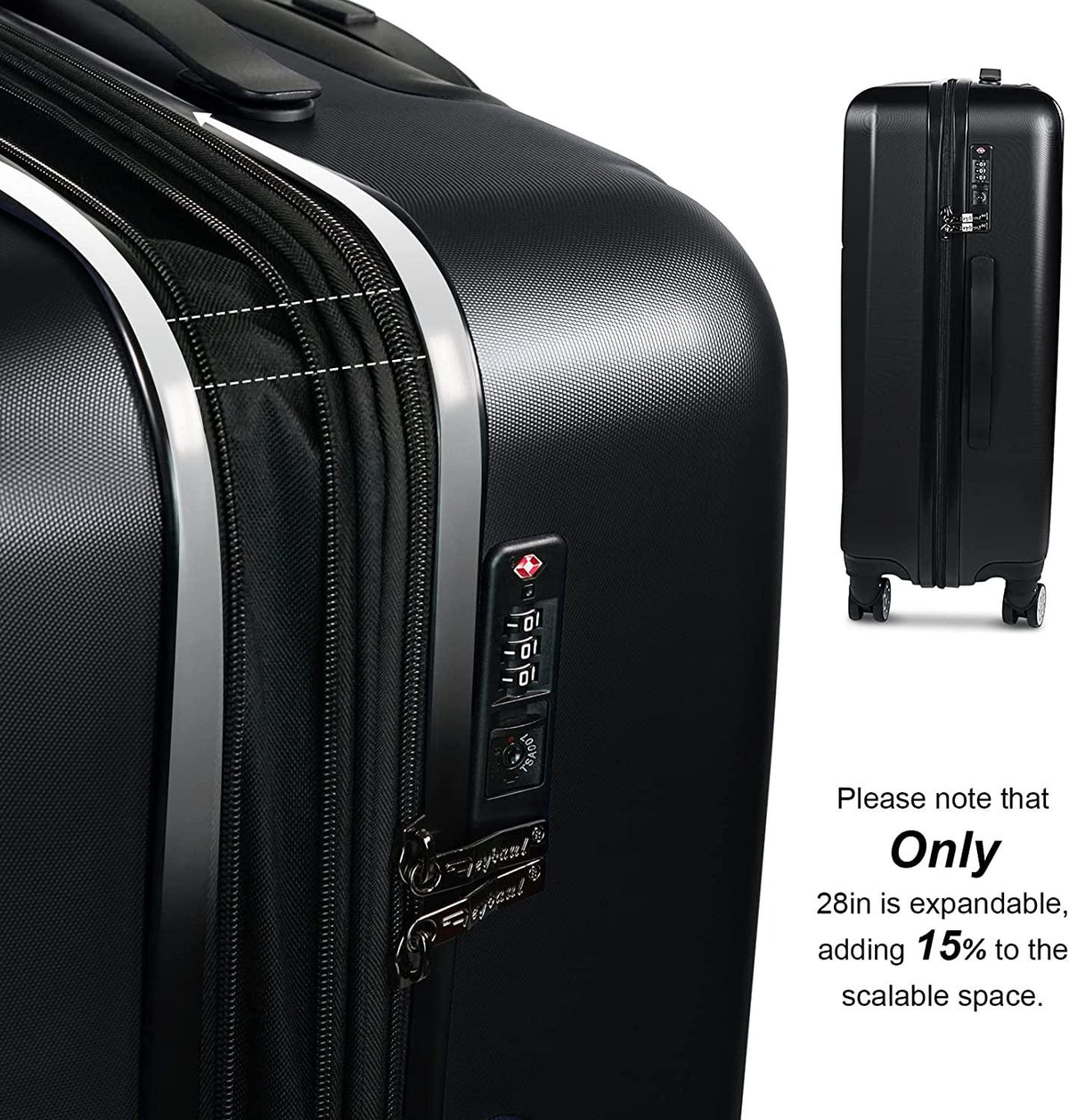 Luggage(only 28'')Suitcase ABS+PC with TSA Lock Spinner Carry on Hardshell Lightweight 20in 24in 28in_ Black, L(28in)_checked large