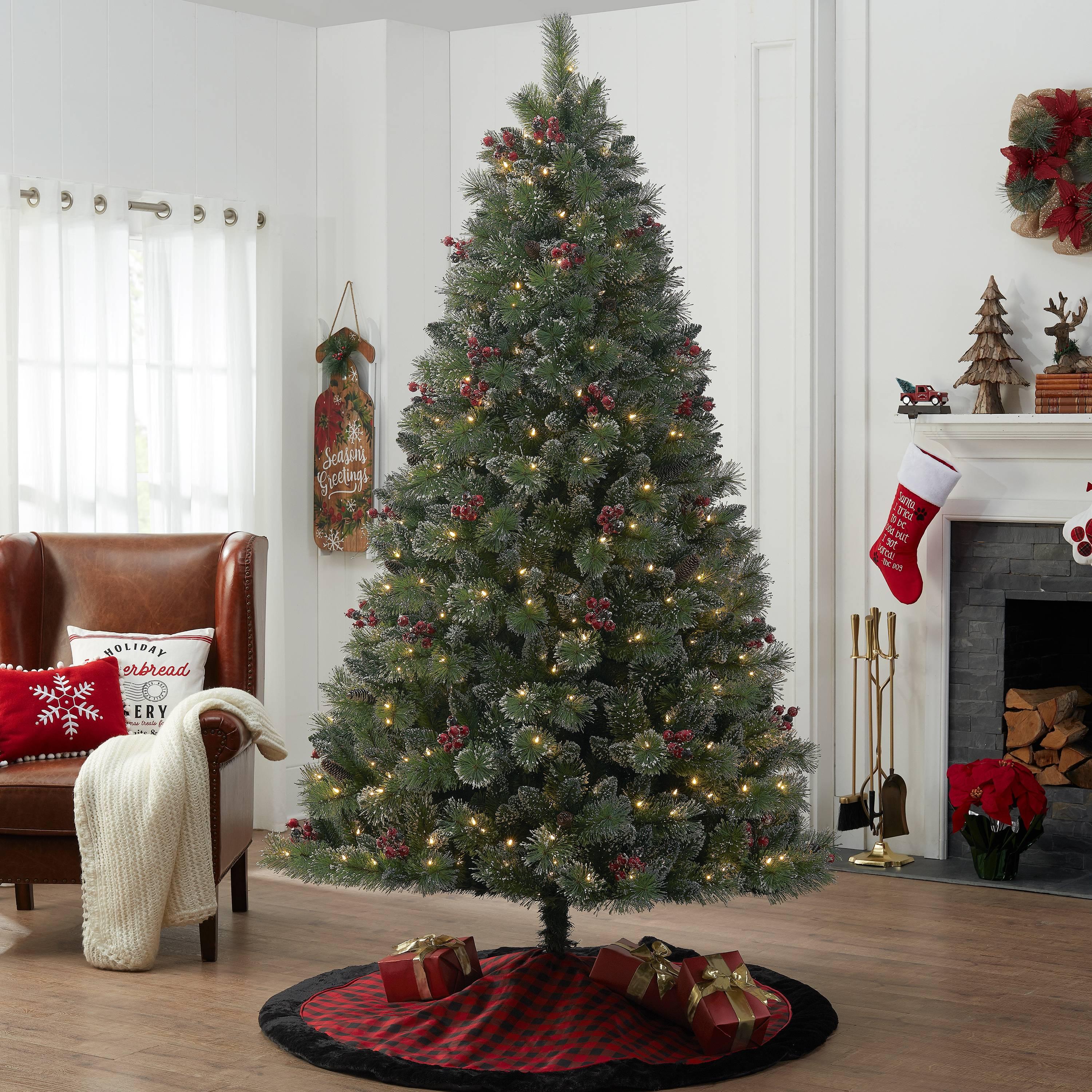 Holiday Time 7.5ft Pre-Lit Glittering Frost Pine Christmas Tree, Green, 7.5', Warm White LED