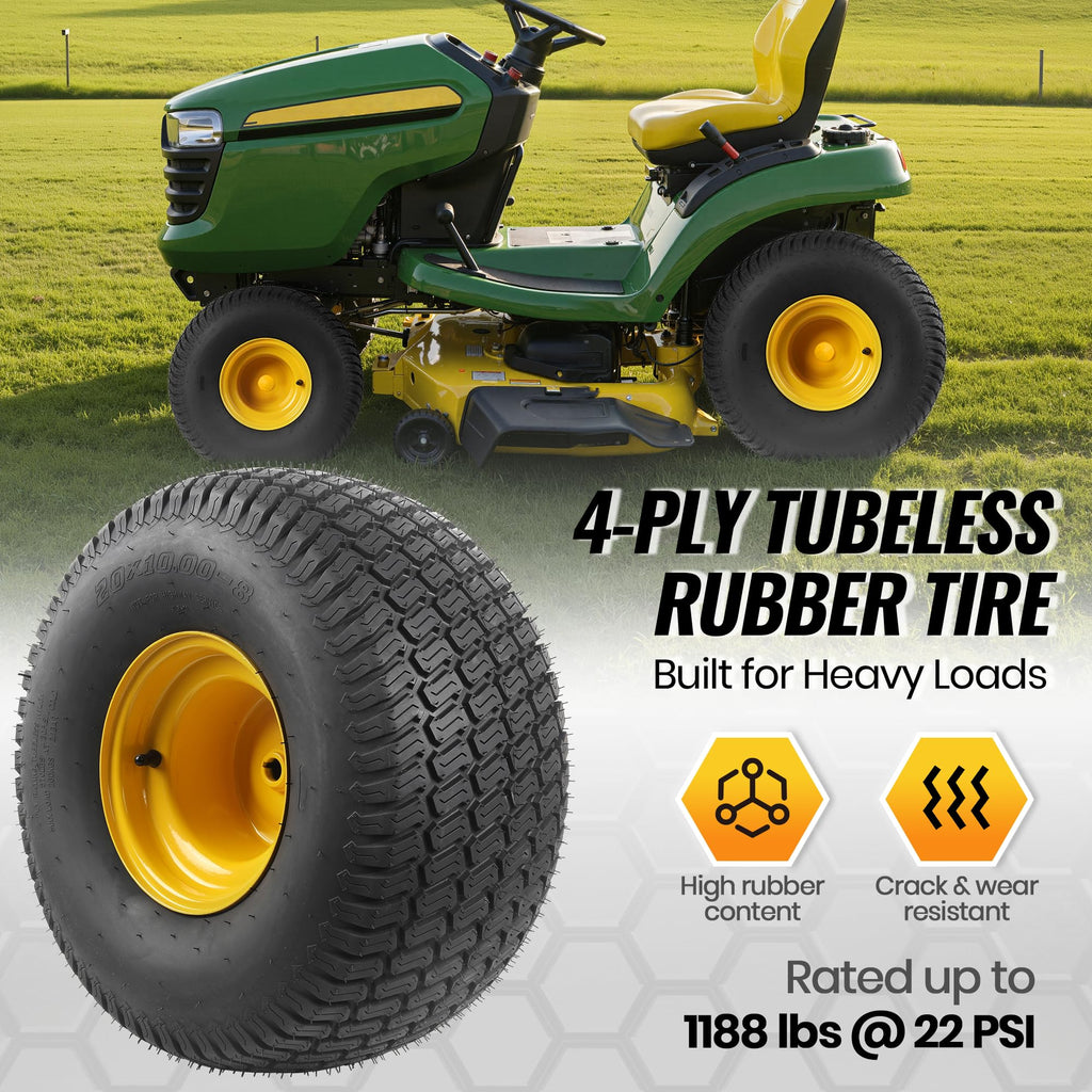 20x10.00-8 Tubeless Lawn Mower Tire and Wheel Assembly (2-Pack), 4-Ply Rear Tire with Steel Rim, 3/4" Bore &amp; 3/16" Keyway, 3.5" Offset Hub, S-Turf Tread, Riding Lawn Mower &amp; Garden Tractor