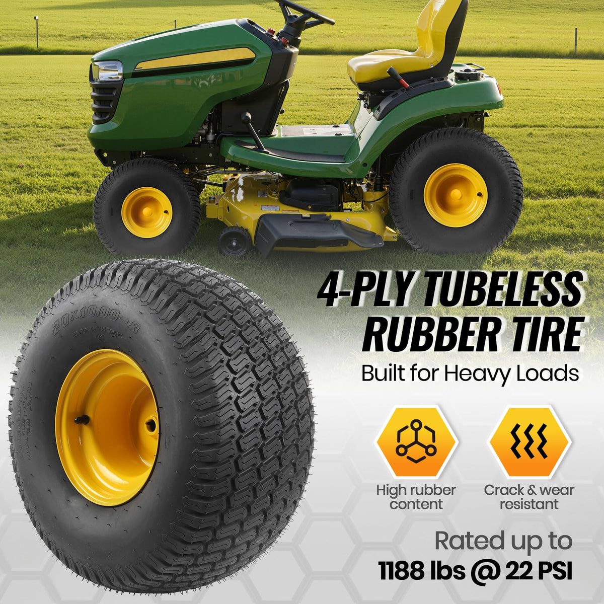 20x10.00-8 Tubeless Lawn Mower Tire and Wheel Assembly (2-Pack), 4-Ply Rear Tire with Steel Rim, 3/4" Bore &amp; 3/16" Keyway, 3.5" Offset Hub, S-Turf Tread, Riding Lawn Mower &amp; Garden Tractor
