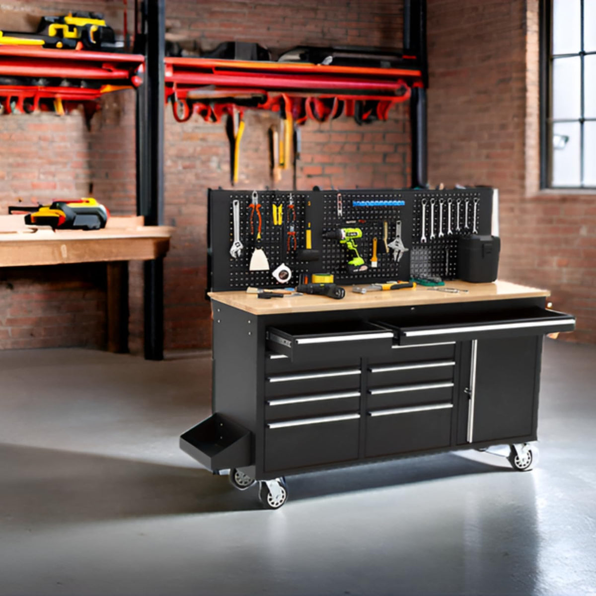 61-Inch Heavy Duty Rolling Tool Chest with 10 Drawers and Solid Rubber Top Mobile Workstation, 1675 LBS Load, Includes Power Strip, LocSystem for GaraWarehouse Repair Shop