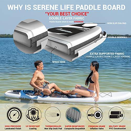 SereneLife Inflatable Stand Up Paddle Board - 10’ Ft. Standup Sup Paddle Board W/ Manual Air Pump, Safety Leash, Paddleboard Repair Kit, St