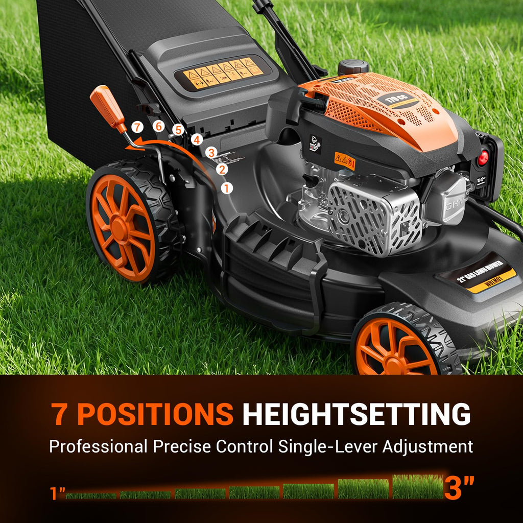 21" Self-Propelled Gas Lawn Mower, 170CC Engine, 3-in-1 Mulching, Bagging &amp; Side Discharge, 7-Position Height Adjustment, Easy Lawn Care for LarYards &amp; Thick Grass