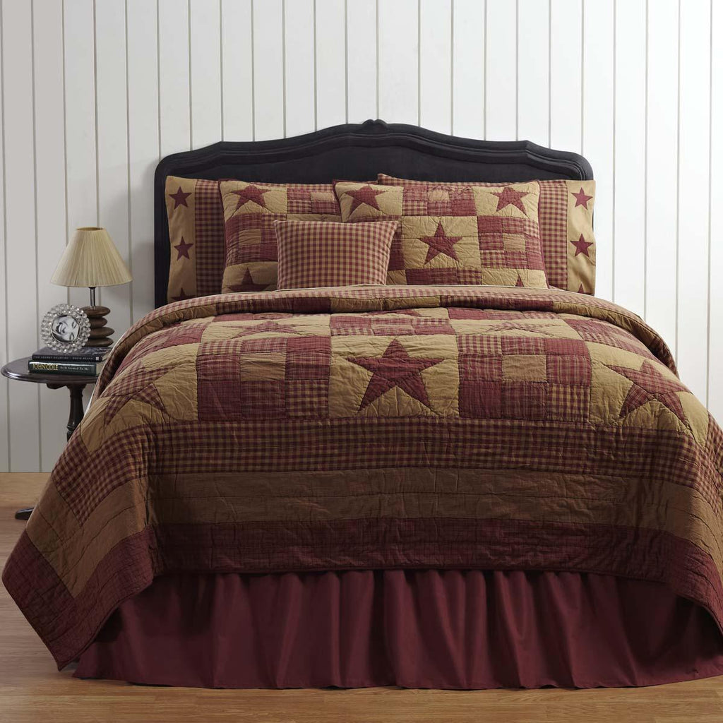 Burgundy Red Primitive Bedding Cody Burgundy Star Cotton Pre-Washed Patchwork Star Rectangle Quilt
