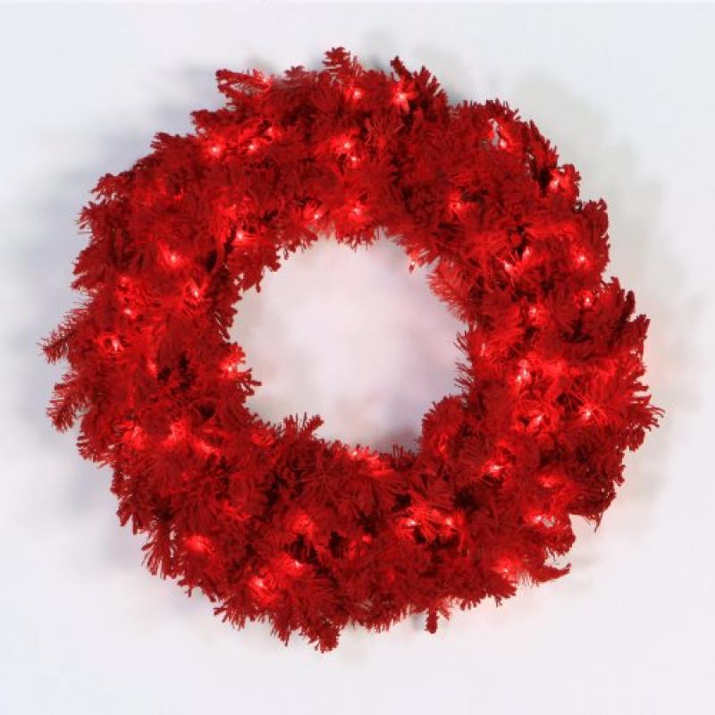 Vickerman 30" Flocked Red Fir Artificial Christmas Wreath, Red Dura-Lit LED lights. - Faux Fir Christmas Wreath - Indoor Seasonal Home Decor