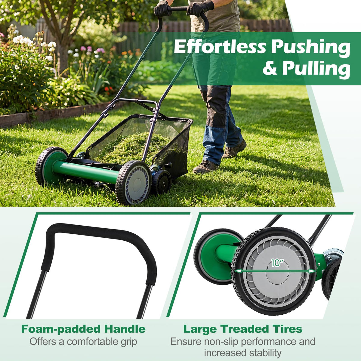 Push Reel Lawn Mower, Cordless 18" Manganese Steel Manual Grass Cutter with 5-Blade, Removable Grass Catcher, 9 Cutting Heights, Walk-Behind Lawn Mower for Garden Farm Yard (Green)