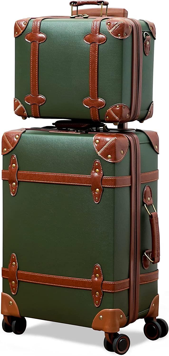 Luggage Set of 2 Pieces with TSA Lock Cute Retro Trunk luggage (Green, 14inch &amp; 28inch)