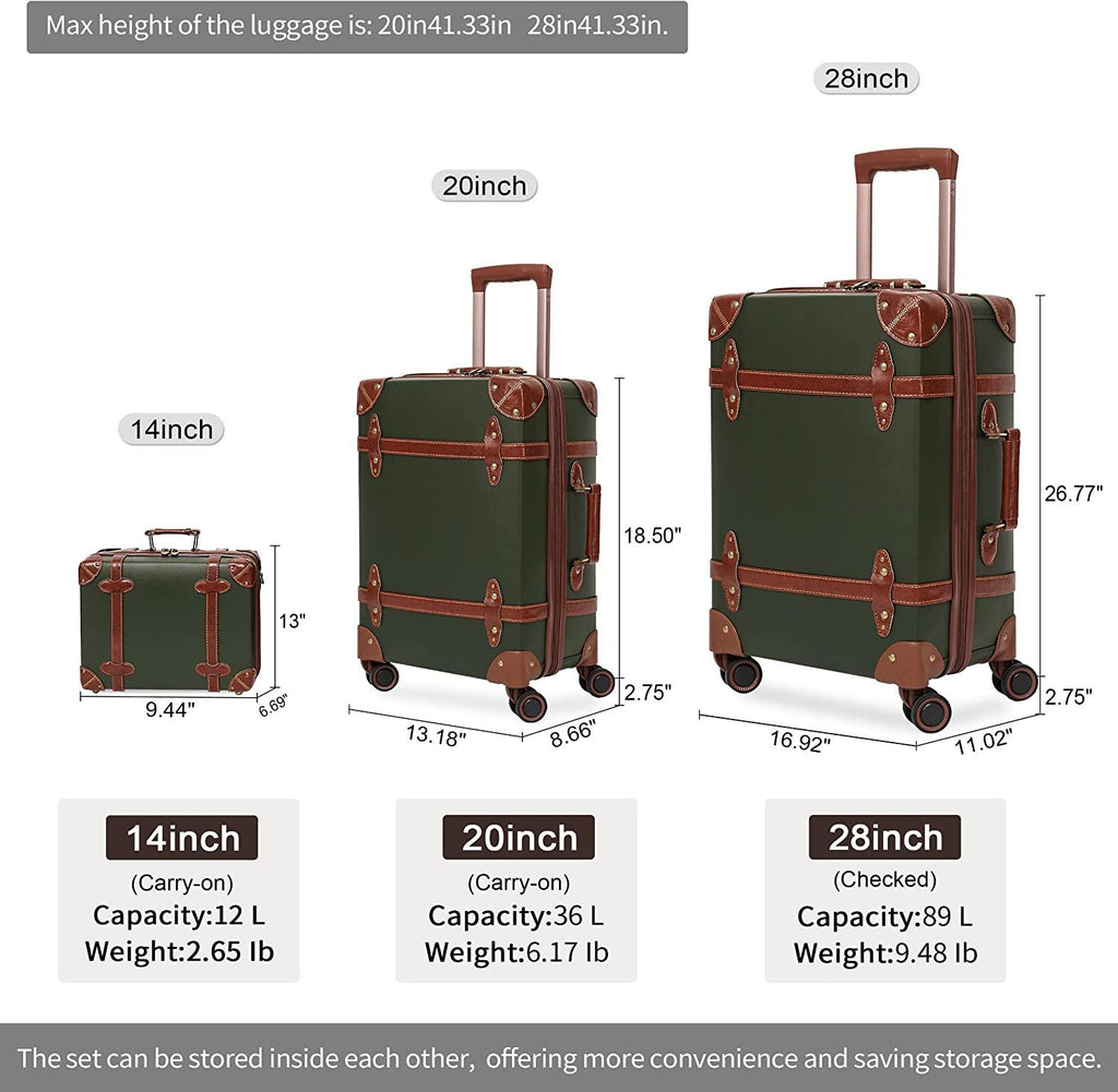 Luggage Sets 3 Pieces Luxury Cute Suitcase Retro Trunk Luggage with TSA Lock for Men and Women (Dark Green, 14" &amp; 20" &amp; 28")