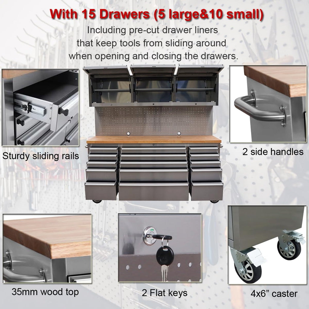 72-Inch  Steel Rolling Tool Chest with 15 Drawers + 3 Upper Cabinets, Mobile Workbench, Assembled LarTool Box Lockable StoraCabinet with Wheels for GaraWorkshop