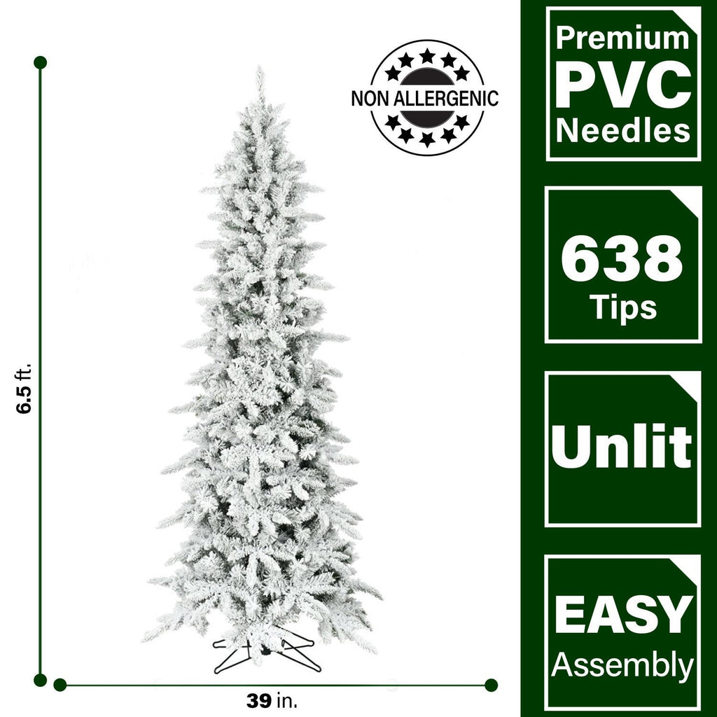 Fraser Hill Farm Green Hinged Slim Snowy Christmas Tree, 6.5'