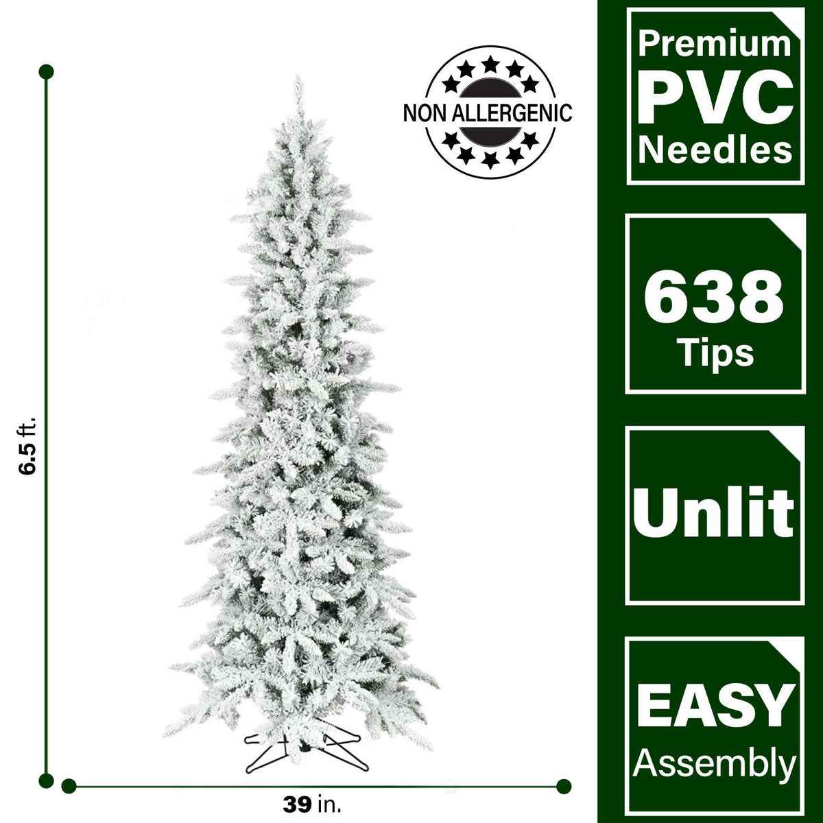 Fraser Hill Farm Green Hinged Slim Snowy Christmas Tree, 6.5'