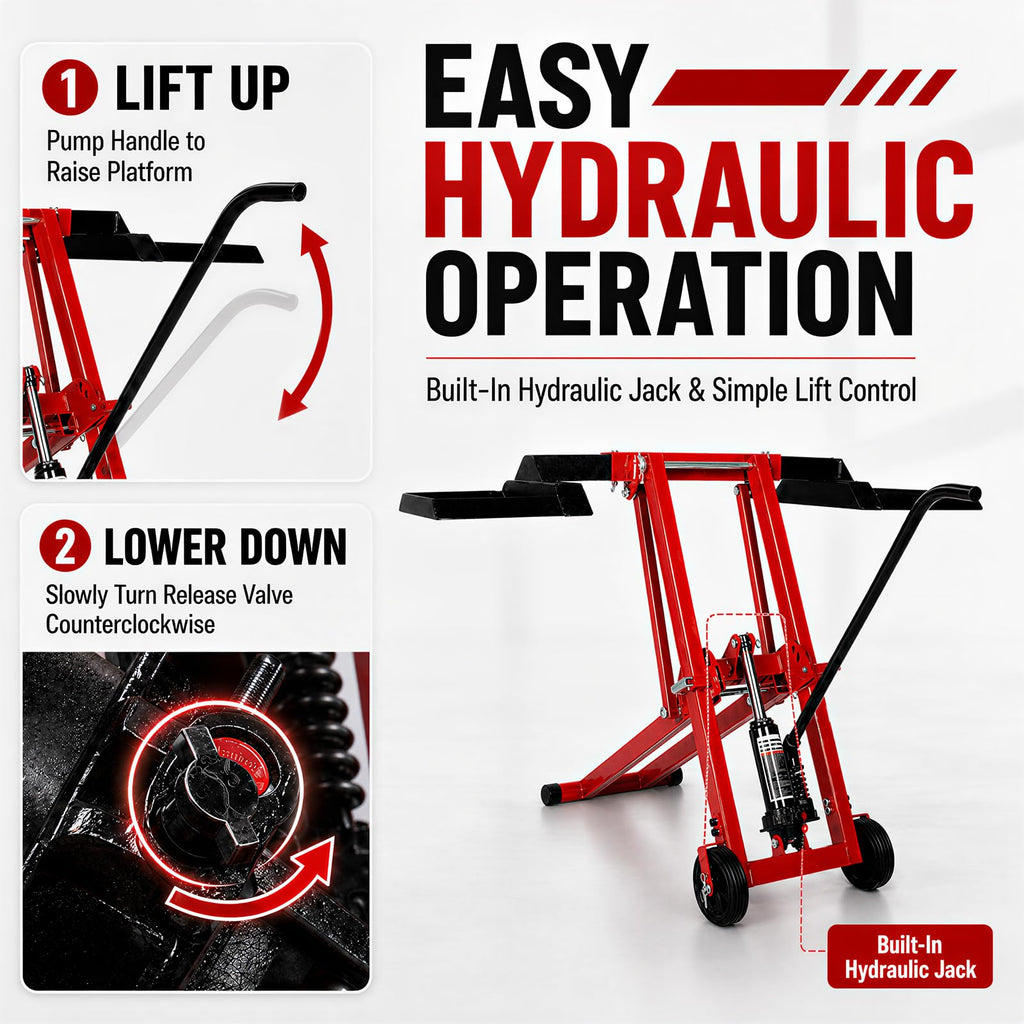 Lawn Mower Jack Lift 500-LB Carbon Steel Manual Crank Adjustable Width Tool | 3-Level Height Adjustment ,4-Level Tire Width Adjustment, Easy Operation Multiple Equipment ,Durable Construction