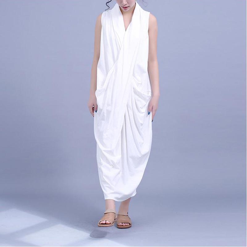 cross neckline large pockets sleeveless cotton irregular dress