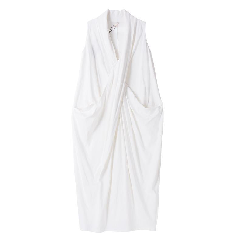 cross neckline large pockets sleeveless cotton irregular dress