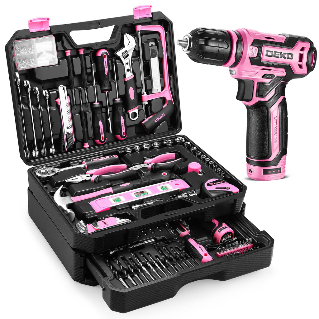 Pink Tool Kit Box Drill Set： Home Mechanic Toolbox with 12V Power Cordless Drill Hand Repair Tools Sets Combo Kits StoraOrganizer Drawer Case for Men & Women