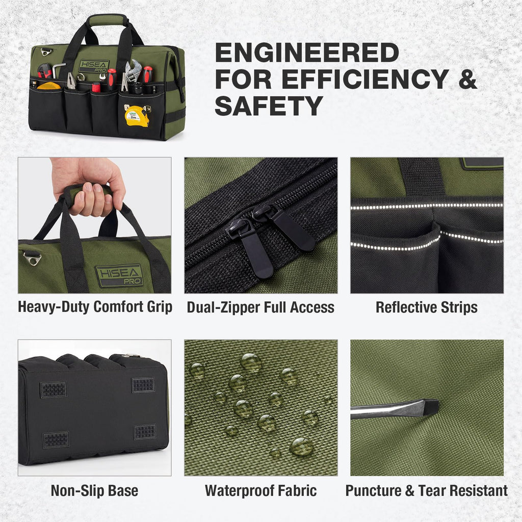 Heavy Duty Tool Bag 20 Pockets, 16-Inch Portable Tool Box Organizer | Waterproof, Wide Mouth, LarStoraToolbag for Electrician, Tradesman, with Adjustable Shoulder Strap, Soft Handle