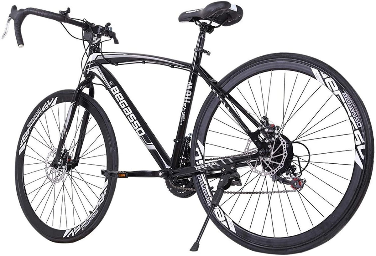 Aluminum Road Bike, 21 Speed Disc Brakes Aluminum Frame Road Bicycles Begasso s Full Suspension Road Bike, 700c Dual Disk Brake  Release Racing Bicycles (White/Black)
