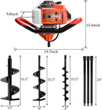 datingday 72cc auger post hole digger,2-stroke 4hp gas powered earth digging engine with 3 auger drill bits (4"&amp; 8" &amp;12")+3 extension rods for farm garden plant