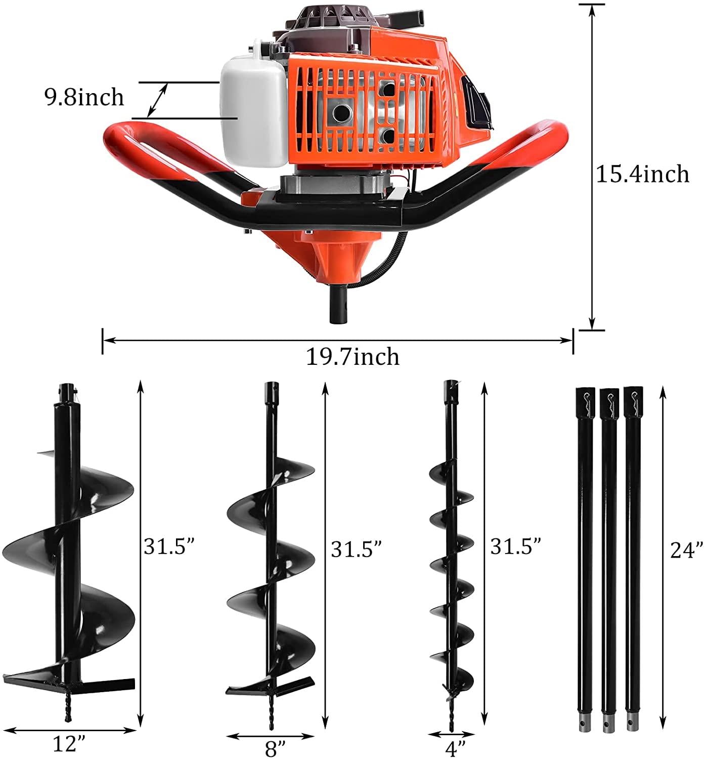 datingday 72cc auger post hole digger,2-stroke 4hp gas powered earth digging engine with 3 auger drill bits (4"&amp; 8" &amp;12")+3 extension rods for farm garden plant