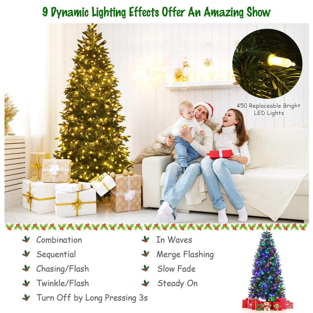 Gymax 7 FT Pre-Lit Artificial Christmas Tree Hinged Xmas Tree w/ Multicolor LED Lights