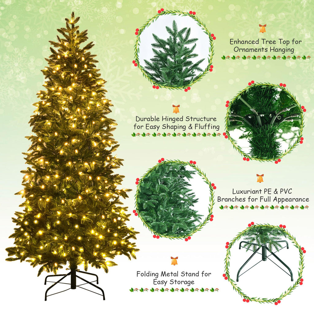 Gymax 7 FT Pre-Lit Artificial Christmas Tree Hinged Xmas Tree w/ Multicolor LED Lights