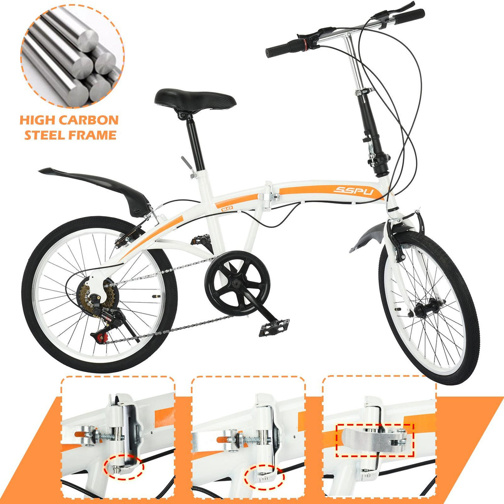 VKEKIEO 20 In., Adult Folding Bicycle for Men and Women, 7 Speed Road and Mountain Bike, White