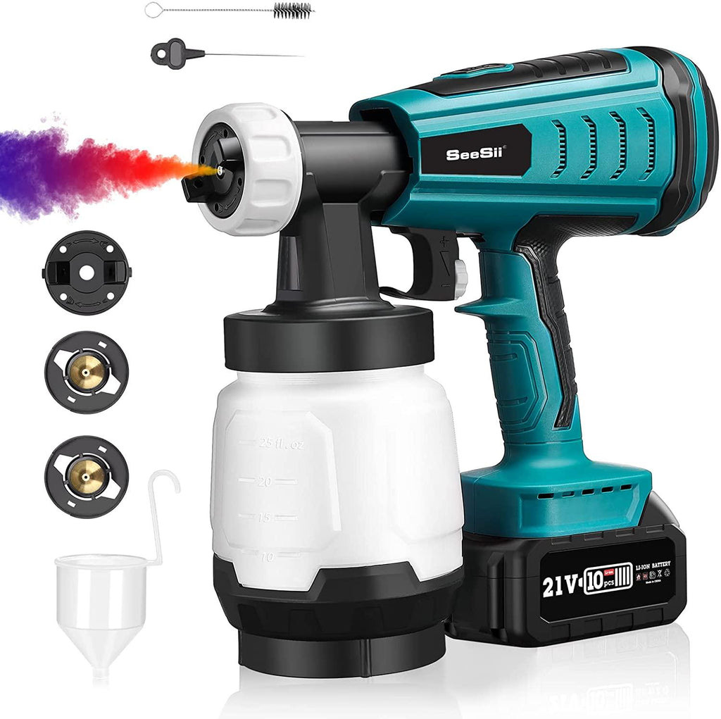 cordless paint sprayer, seesii hvlp electric portable paint spray gun battery powered brushless with 3 spray patterns ideal for home interior exterior
