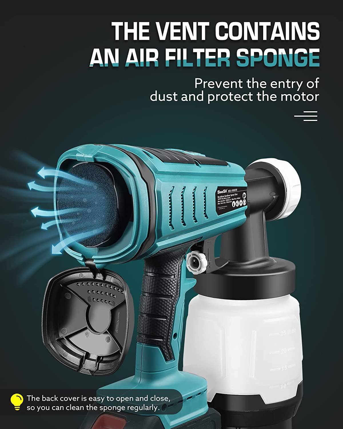 cordless paint sprayer, seesii hvlp electric portable paint spray gun battery powered brushless with 3 spray patterns ideal for home interior exterior