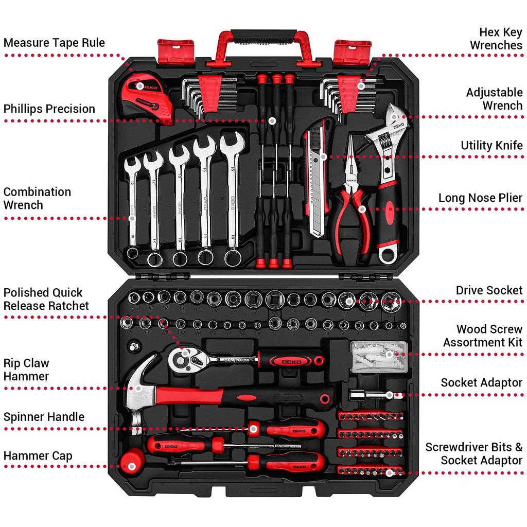 Tool Set:158 Piece Home Tool Kit, Household Basic Repair Tool Set Comes with Plastic StoraCase-Red