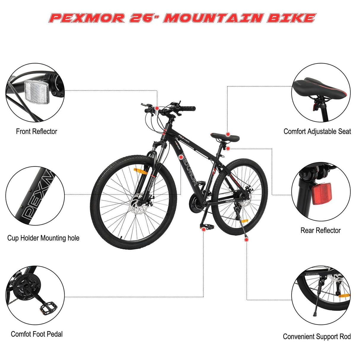 PEXMOR 26" Mountain Bike, 27 Speed Outdoor Cycling Road Bike, with Aluminum Alloy Frame, Black/Red