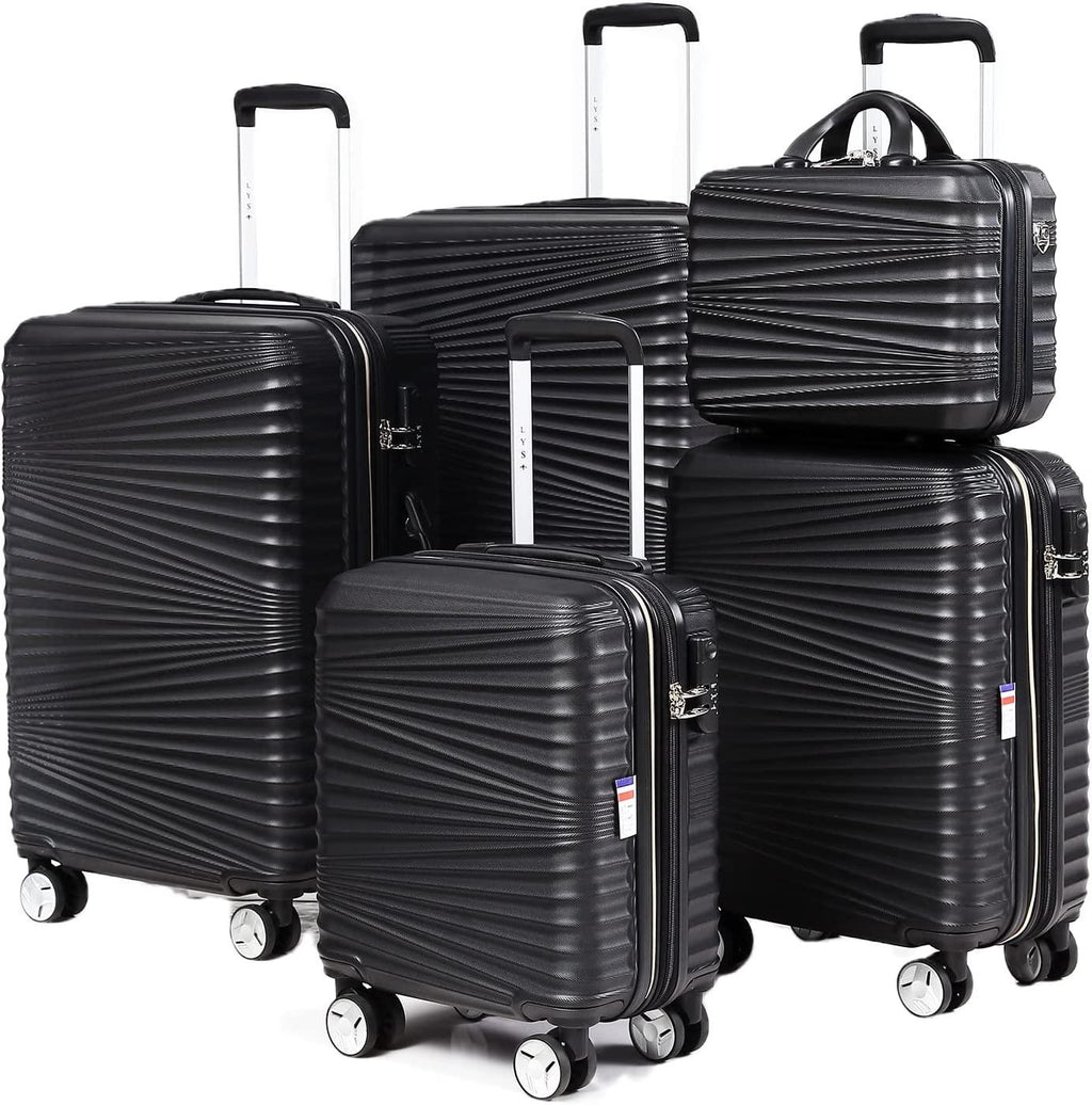 Luggage 5 Piece Sets, LARVENDER Hard Shell Luggage Set Expandable Carry on Luggage Suitcase with Spinner Wheels Durable Lightweight Travel Set for Men Women(14/18/20/24/28, Black)