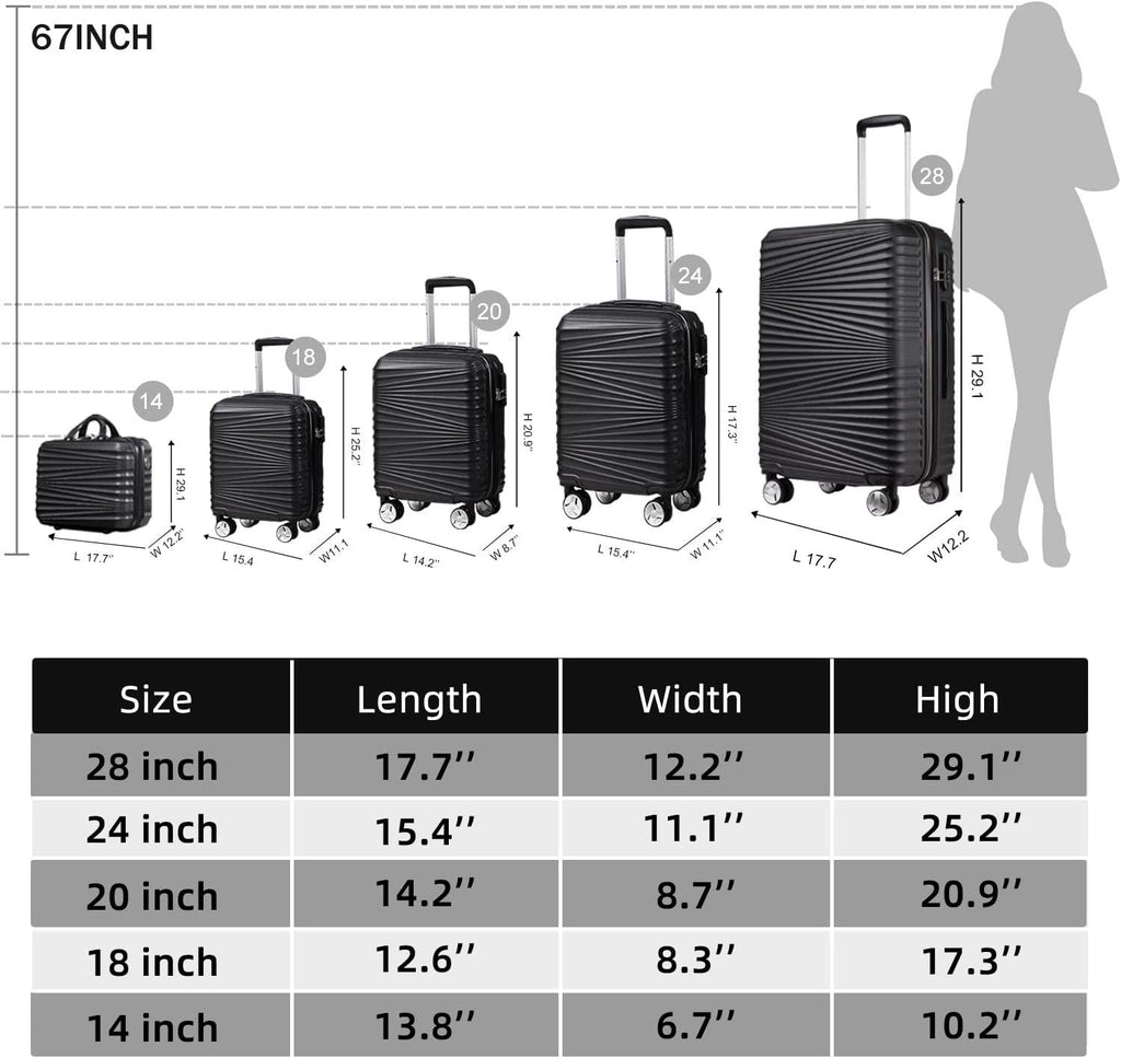 Luggage 5 Piece Sets, LARVENDER Hard Shell Luggage Set Expandable Carry on Luggage Suitcase with Spinner Wheels Durable Lightweight Travel Set for Men Women(14/18/20/24/28, Black)