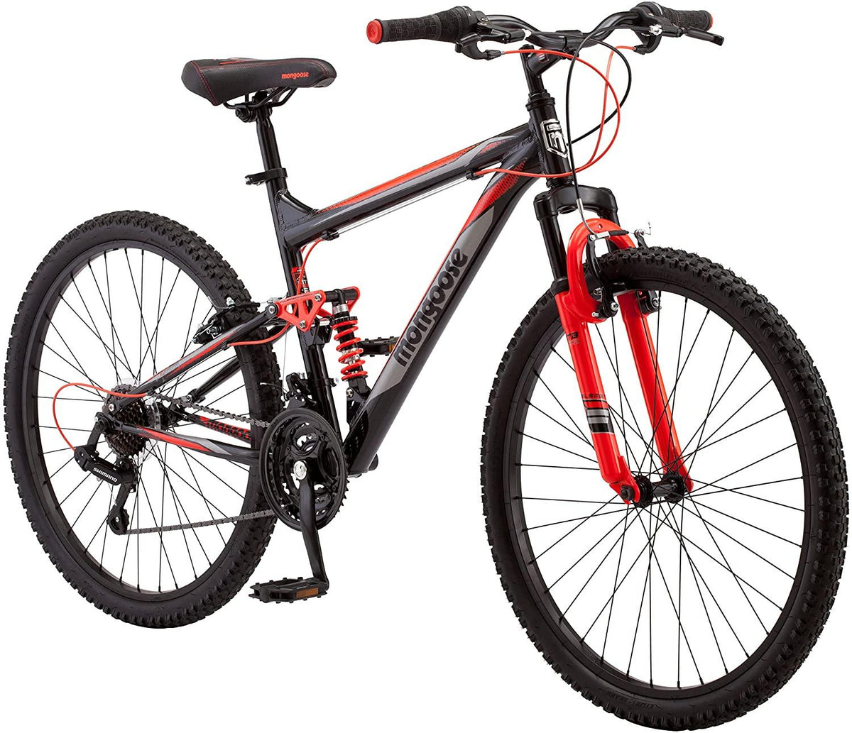Mongoose Status 2.2 Mens and Womens Mountain Bike, 26-Inch Wheels, 21-Speed Shifters, Aluminum Frame, Front Suspension,a Black/Red