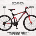Mongoose Status 2.2 Mens and Womens Mountain Bike, 26-Inch Wheels, 21-Speed Shifters, Aluminum Frame, Front Suspension,a Black/Red
