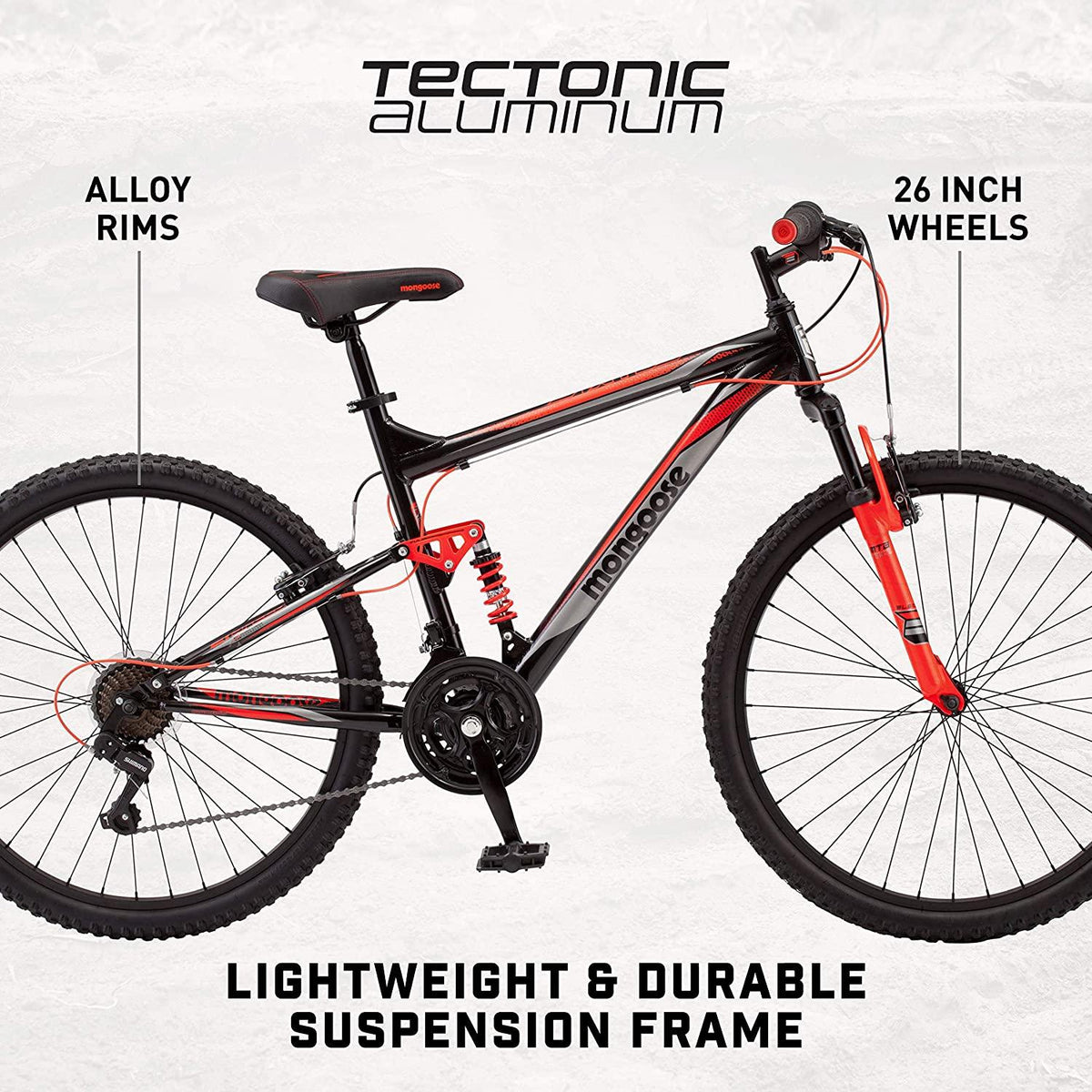 Mongoose Status 2.2 Mens and Womens Mountain Bike, 26-Inch Wheels, 21-Speed Shifters, Aluminum Frame, Front Suspension,a Black/Red