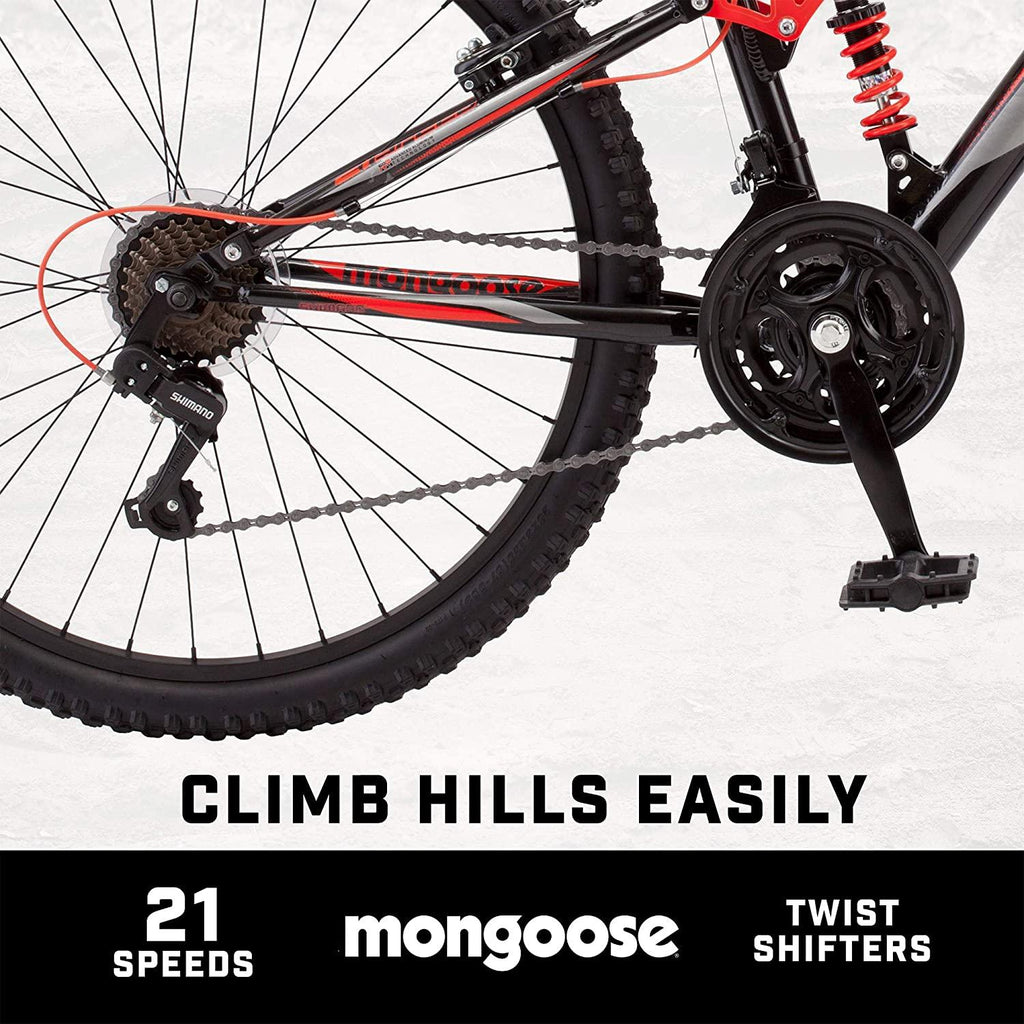 Mongoose Status 2.2 Mens and Womens Mountain Bike, 26-Inch Wheels, 21-Speed Shifters, Aluminum Frame, Front Suspension,a Black/Red