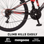 Mongoose Status 2.2 Mens and Womens Mountain Bike, 26-Inch Wheels, 21-Speed Shifters, Aluminum Frame, Front Suspension,a Black/Red
