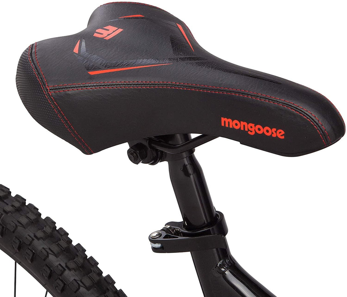 Mongoose Status 2.2 Mens and Womens Mountain Bike, 26-Inch Wheels, 21-Speed Shifters, Aluminum Frame, Front Suspension,a Black/Red