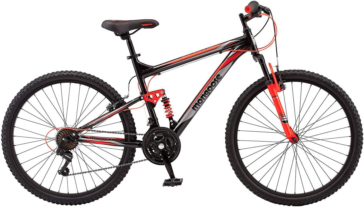 Mongoose Status 2.2 Mens and Womens Mountain Bike, 26-Inch Wheels, 21-Speed Shifters, Aluminum Frame, Front Suspension,a Black/Red