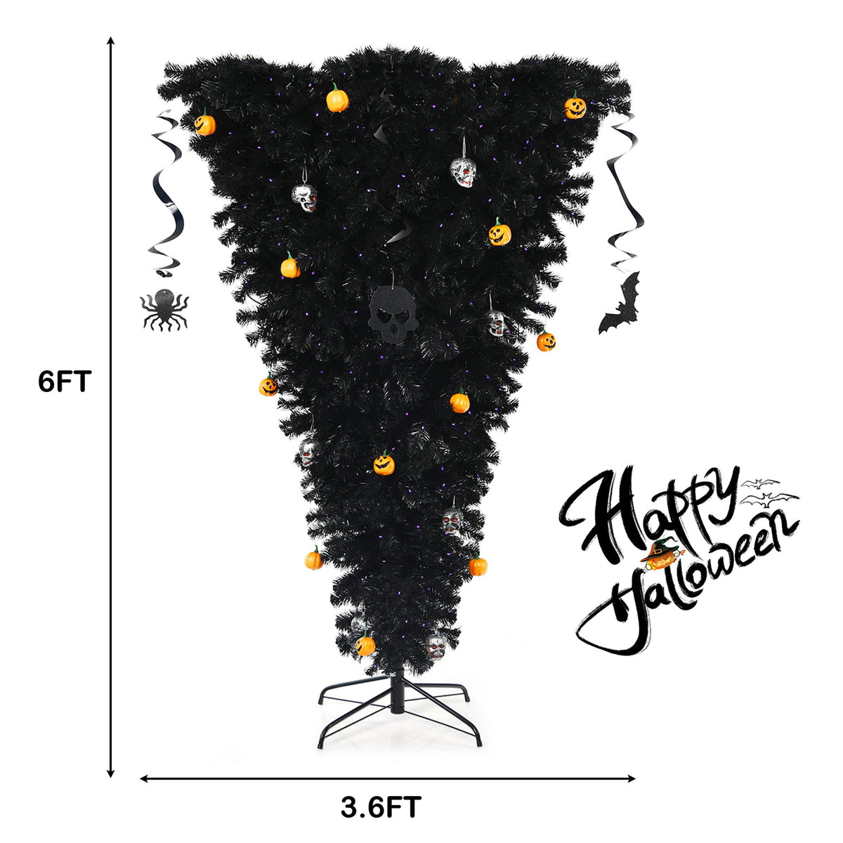 Gymax 6FT Pre-lit Upside Down Black Halloween Tree Artificial Christmas Tree