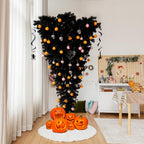 Gymax 6FT Pre-lit Upside Down Black Halloween Tree Artificial Christmas Tree