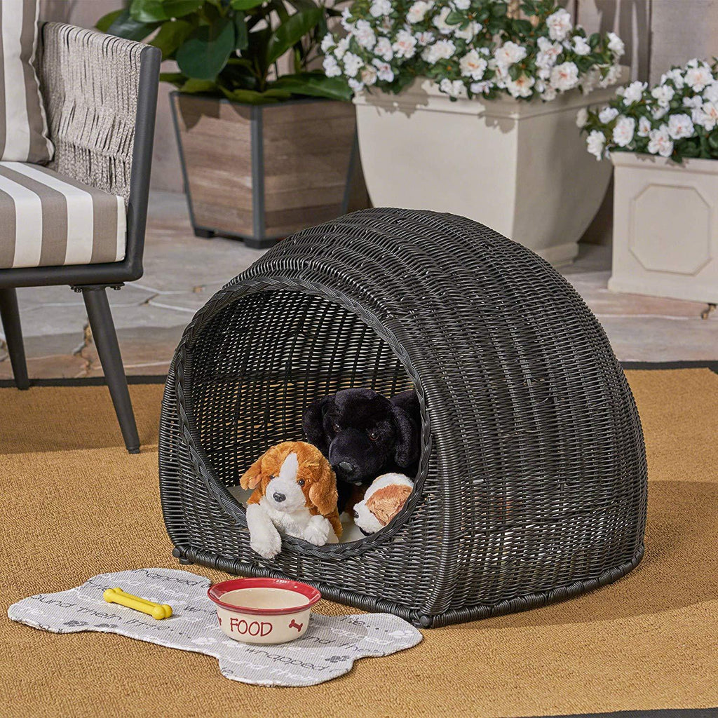 Christopher Knight Home Hayes Outdoor Wicker Igloo Pet Bed with Cushion, Black and Beige