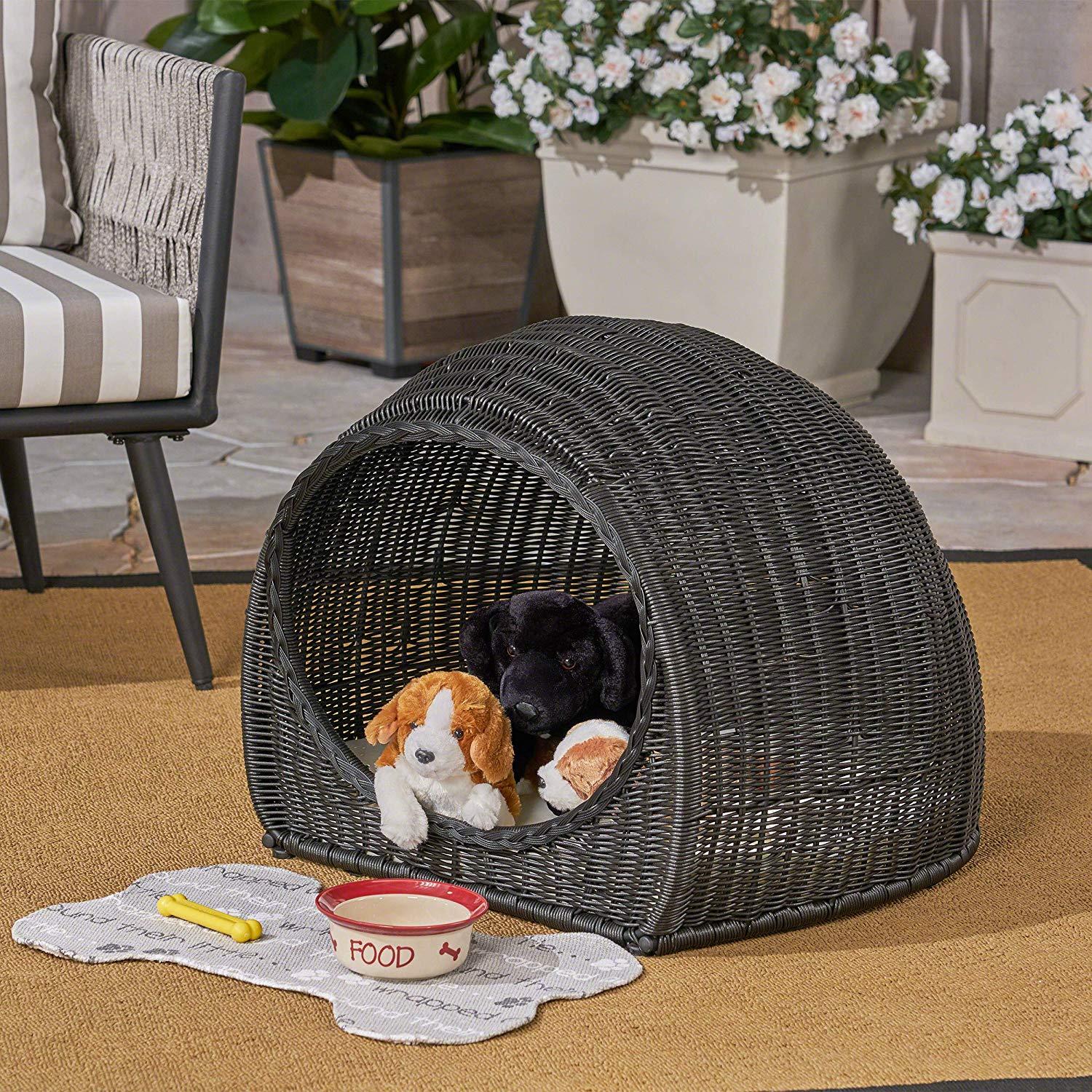 Christopher Knight Home Hayes Outdoor Wicker Igloo Pet Bed with Cushion, Black and Beige