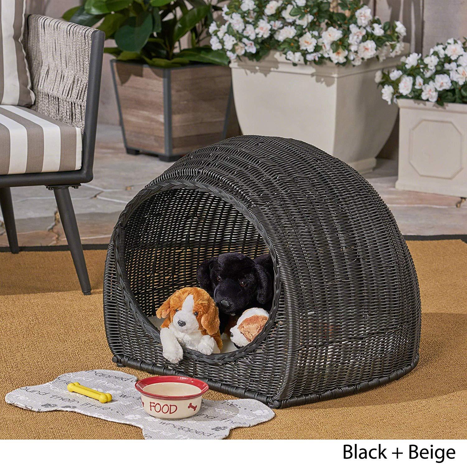 Christopher Knight Home Hayes Outdoor Wicker Igloo Pet Bed with Cushion, Black and Beige