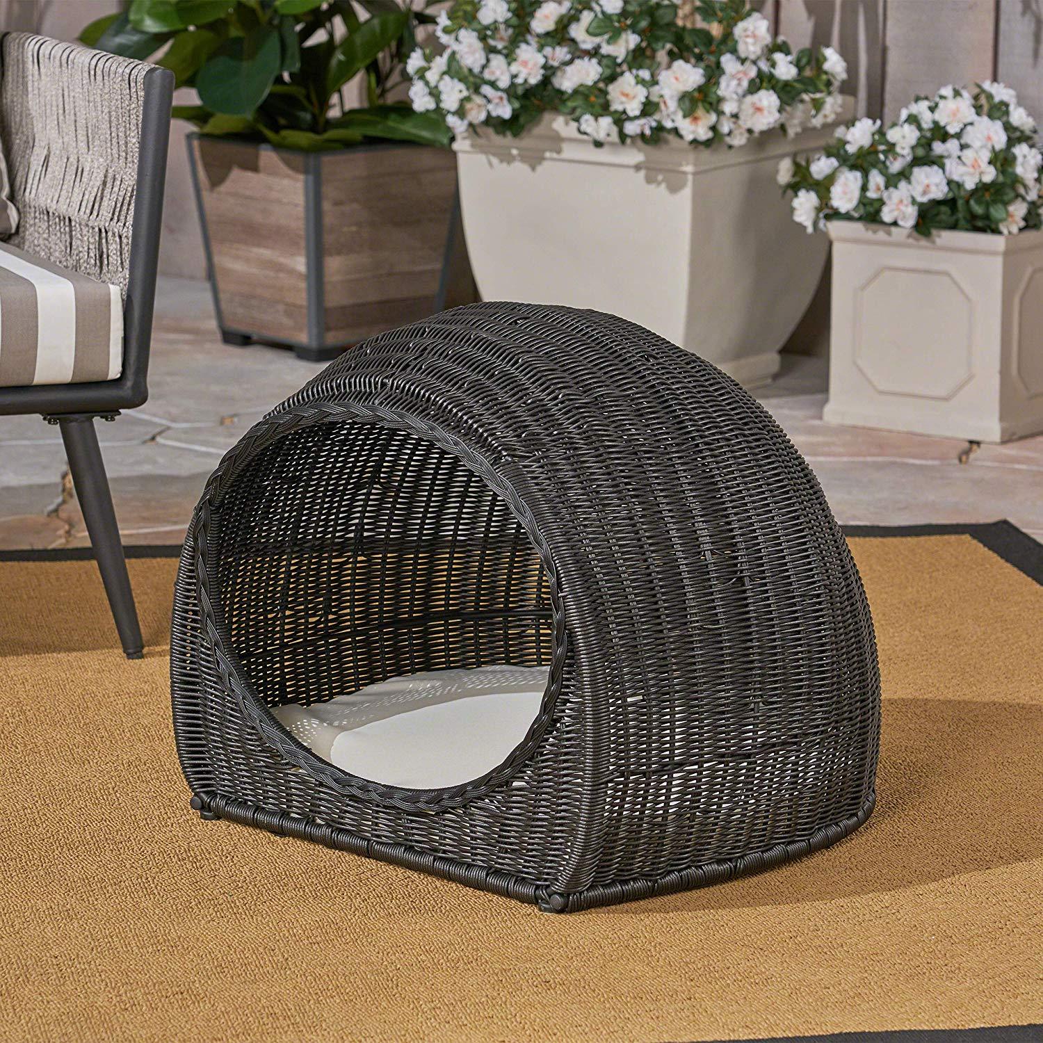 Christopher Knight Home Hayes Outdoor Wicker Igloo Pet Bed with Cushion, Black and Beige