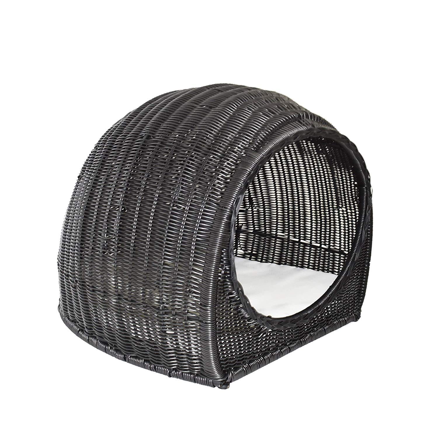 Christopher Knight Home Hayes Outdoor Wicker Igloo Pet Bed with Cushion, Black and Beige