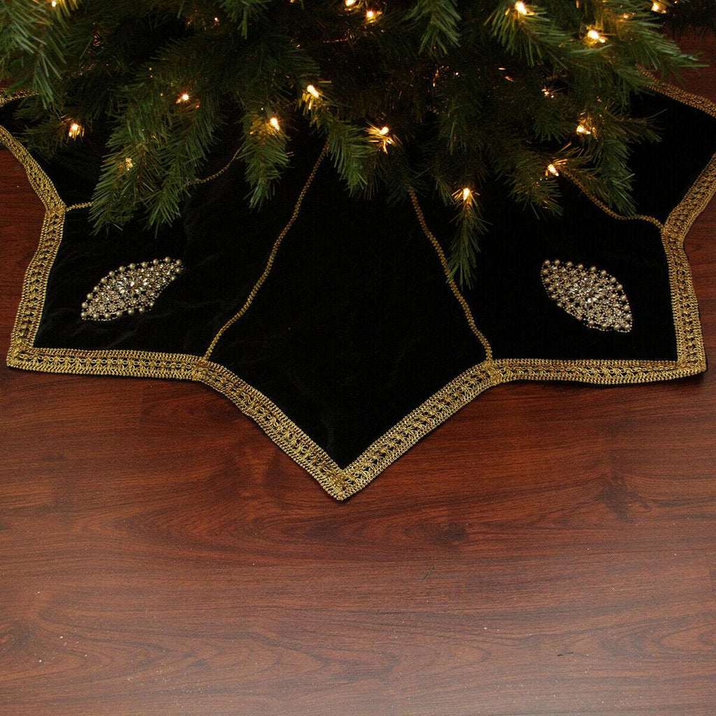 CC Christmas Decor 54" Elegant Gold Black Velveteen Jewel Christmas Tree Skirt