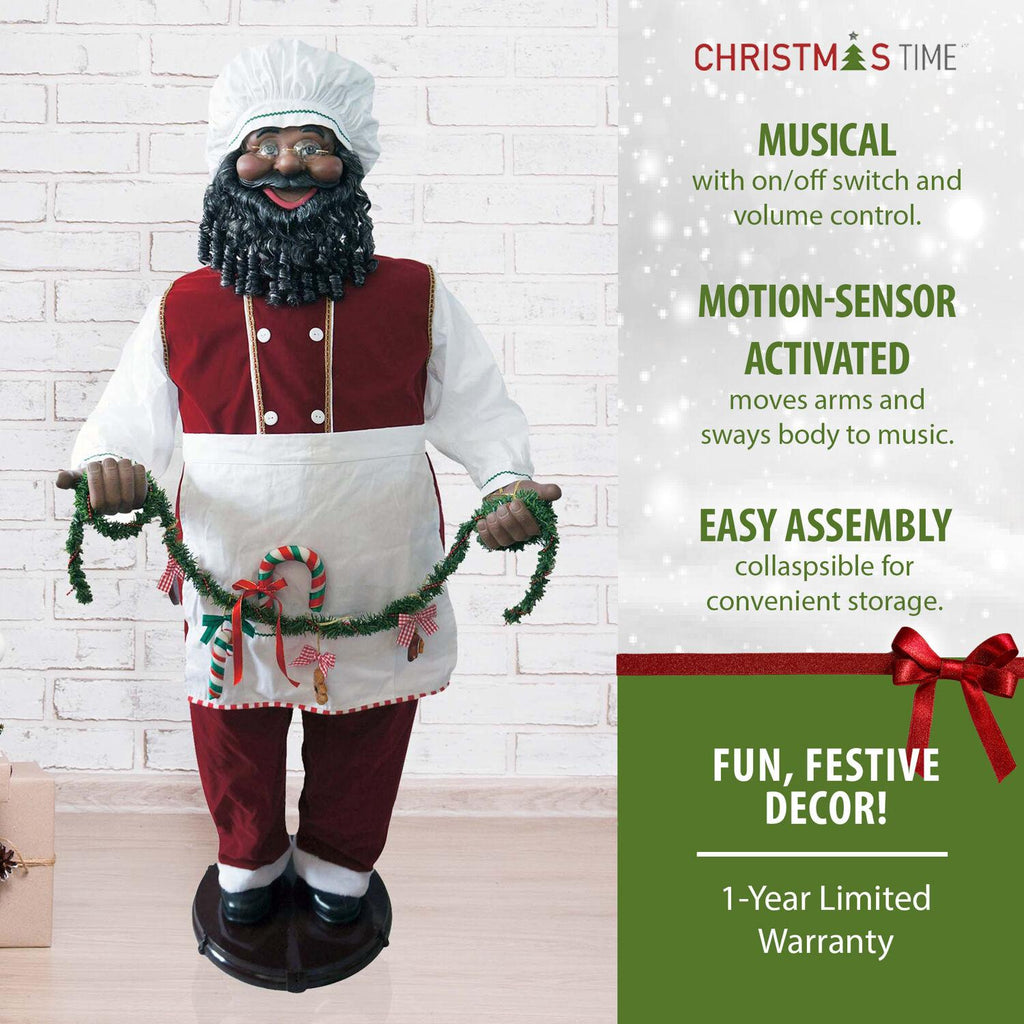 Christmas Time 58-In. African American Dancing Santa Claus with Apron and Christmas Cookie Garland | Animated Indoor Holiday Home Decor | CT-SC058-2RD2-AA