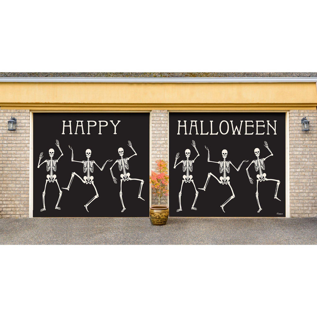 7' x 8' Black and White Skeleton Dancing Halloween Split Car Garage Door Banner