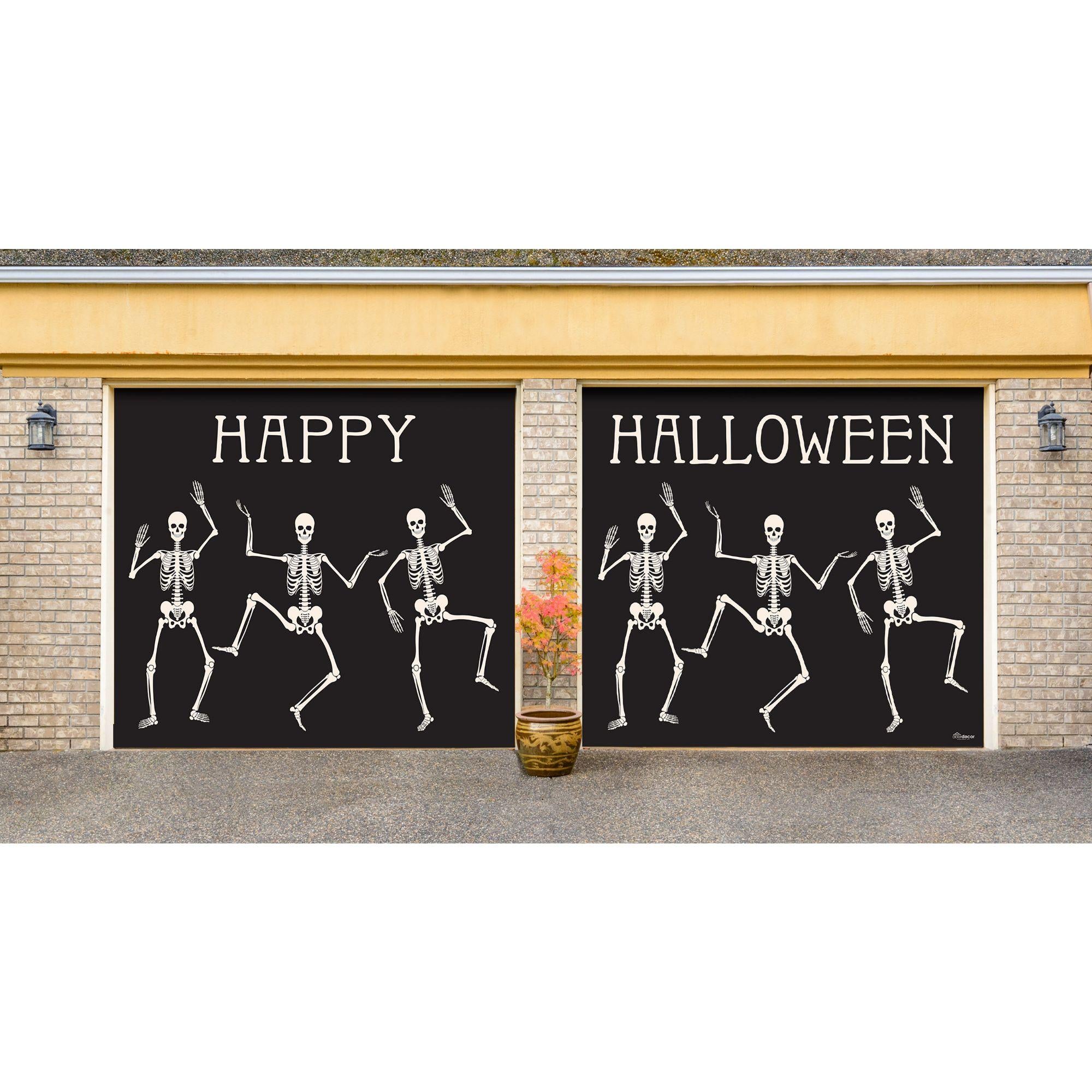 7' x 8' Black and White Skeleton Dancing Halloween Split Car Garage Door Banner